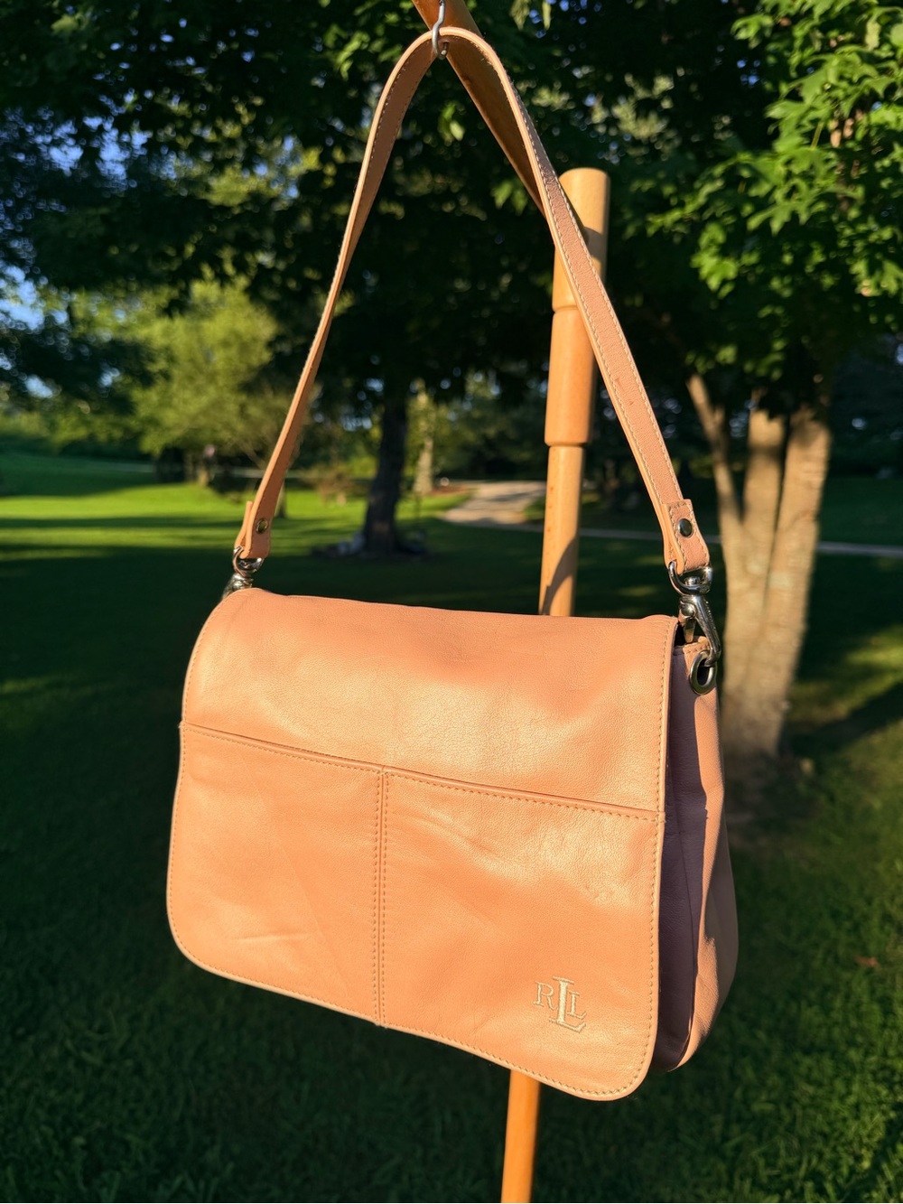 Ralph Lauren Rose Gold Leather Flap Shoulder Bag